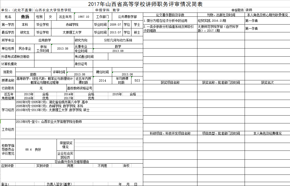 2017年申报讲师职称人员材料清单公示