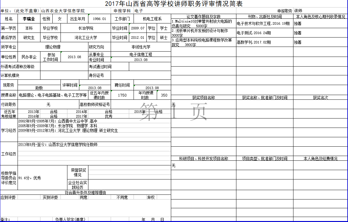 2017年申报讲师职称人员材料清单公示