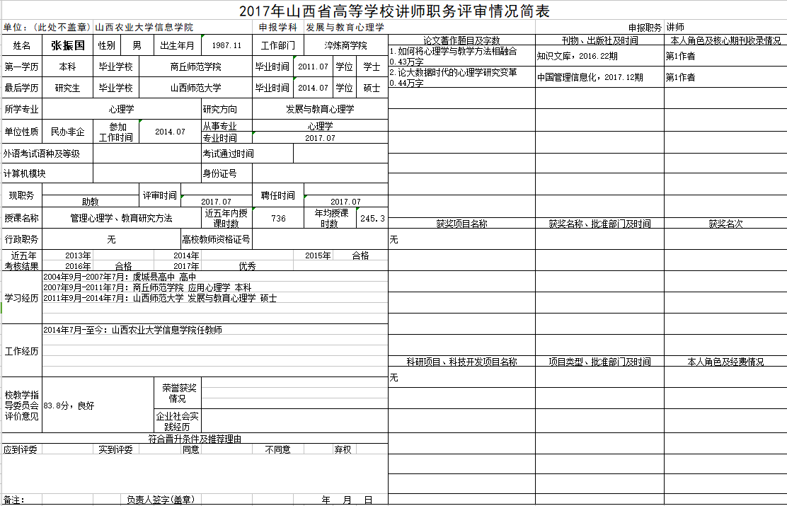 2017年申报讲师职称人员材料清单公示