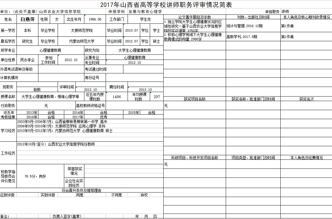 2017年申报讲师职称人员材料清单公示