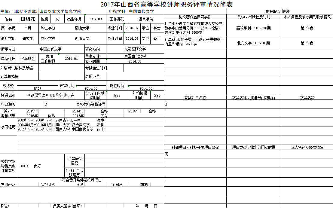 2017年申报讲师职称人员材料清单公示