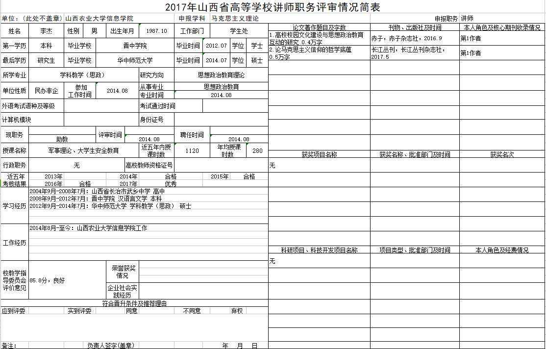 2017年申报讲师职称人员材料清单公示