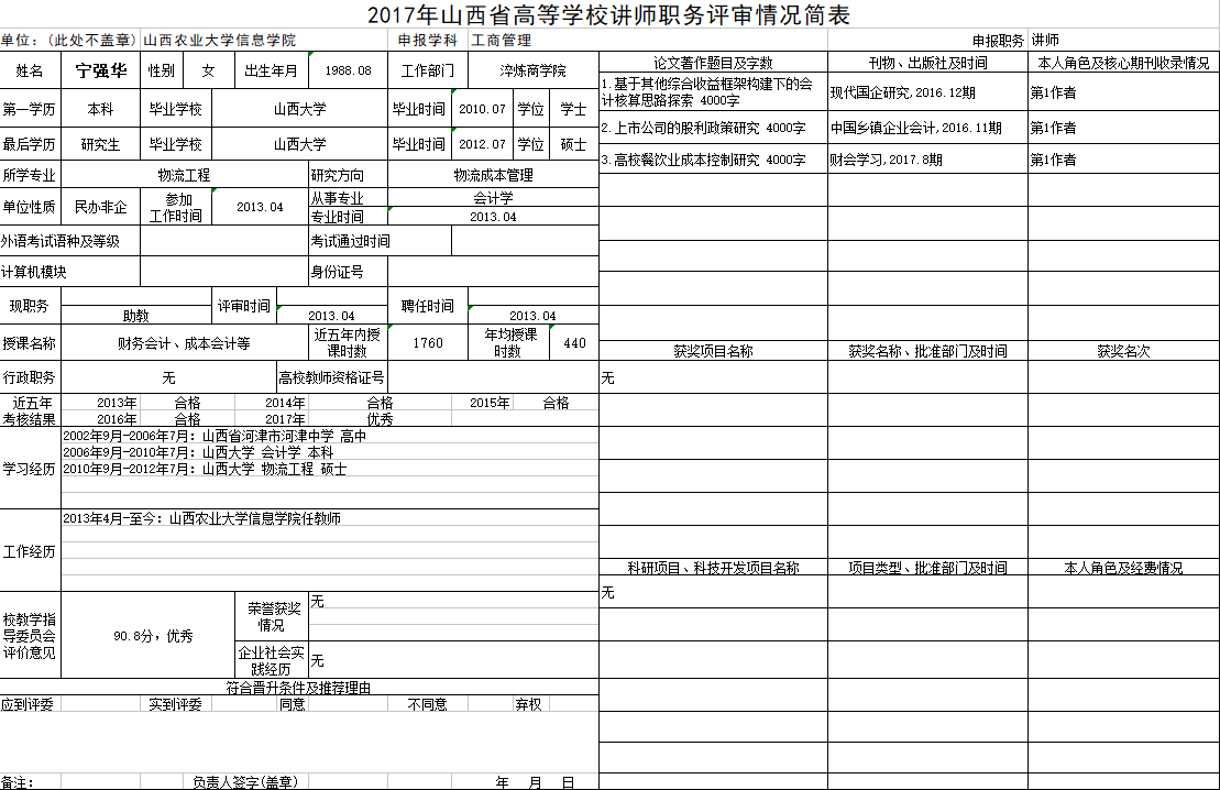 2017年申报讲师职称人员材料清单公示