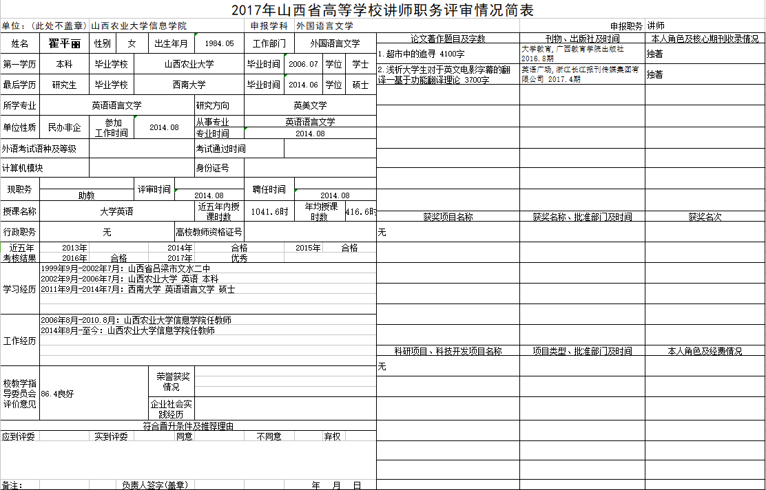 2017年申报讲师职称人员材料清单公示