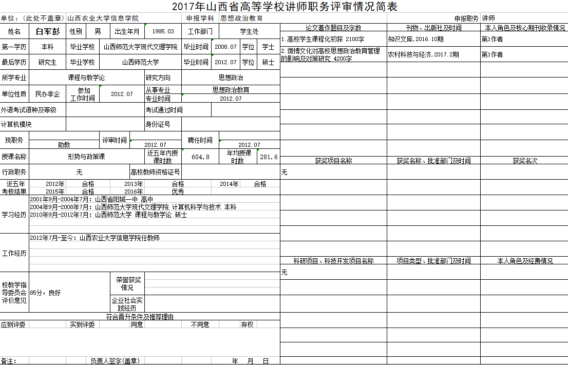 2017年申报讲师职称人员材料清单公示