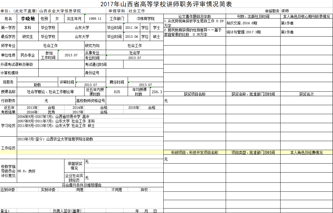 2017年申报讲师职称人员材料清单公示