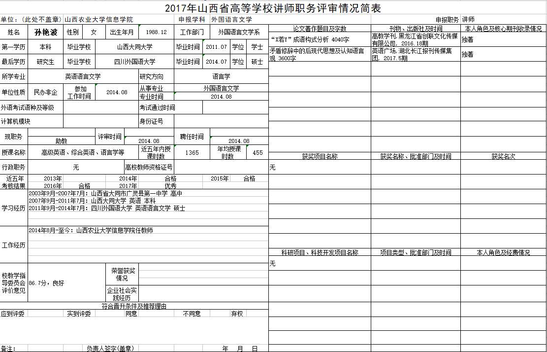 2017年申报讲师职称人员材料清单公示