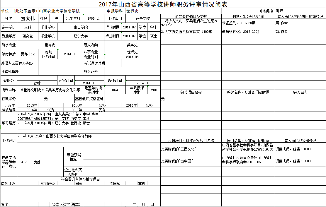 2017年申报讲师职称人员材料清单公示