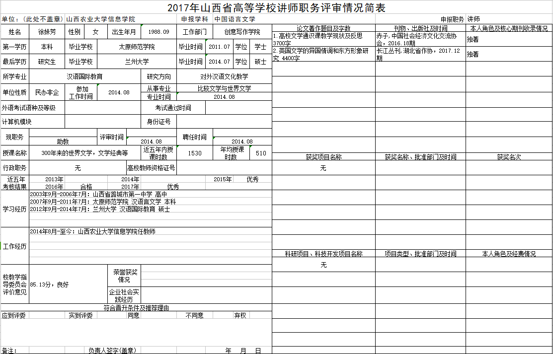 2017年申报讲师职称人员材料清单公示