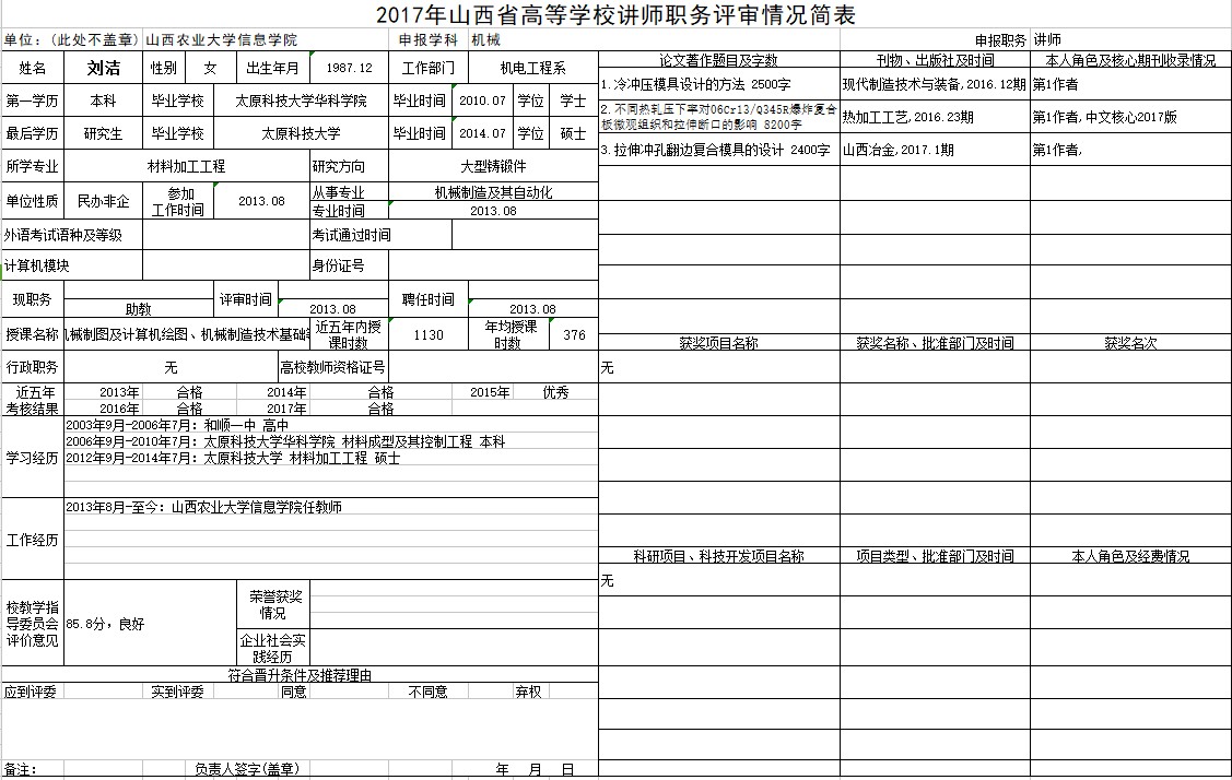 2017年申报讲师职称人员材料清单公示