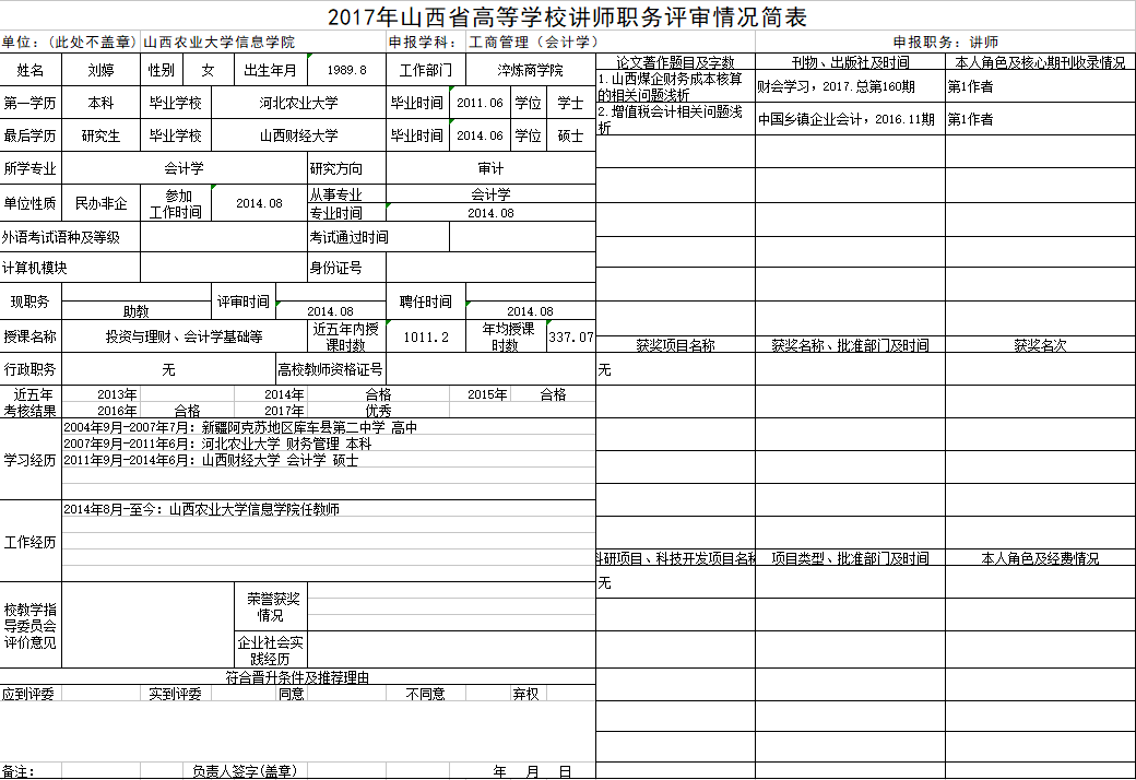 2017年申报讲师职称人员材料清单公示