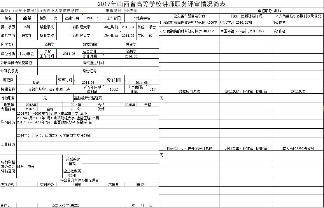 2017年申报讲师职称人员材料清单公示