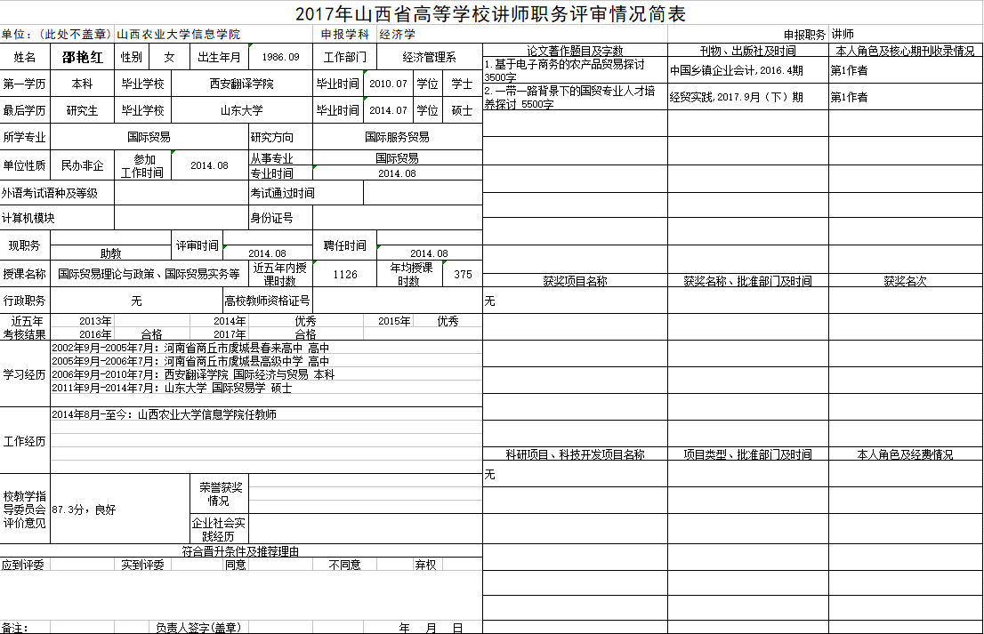 2017年申报讲师职称人员材料清单公示