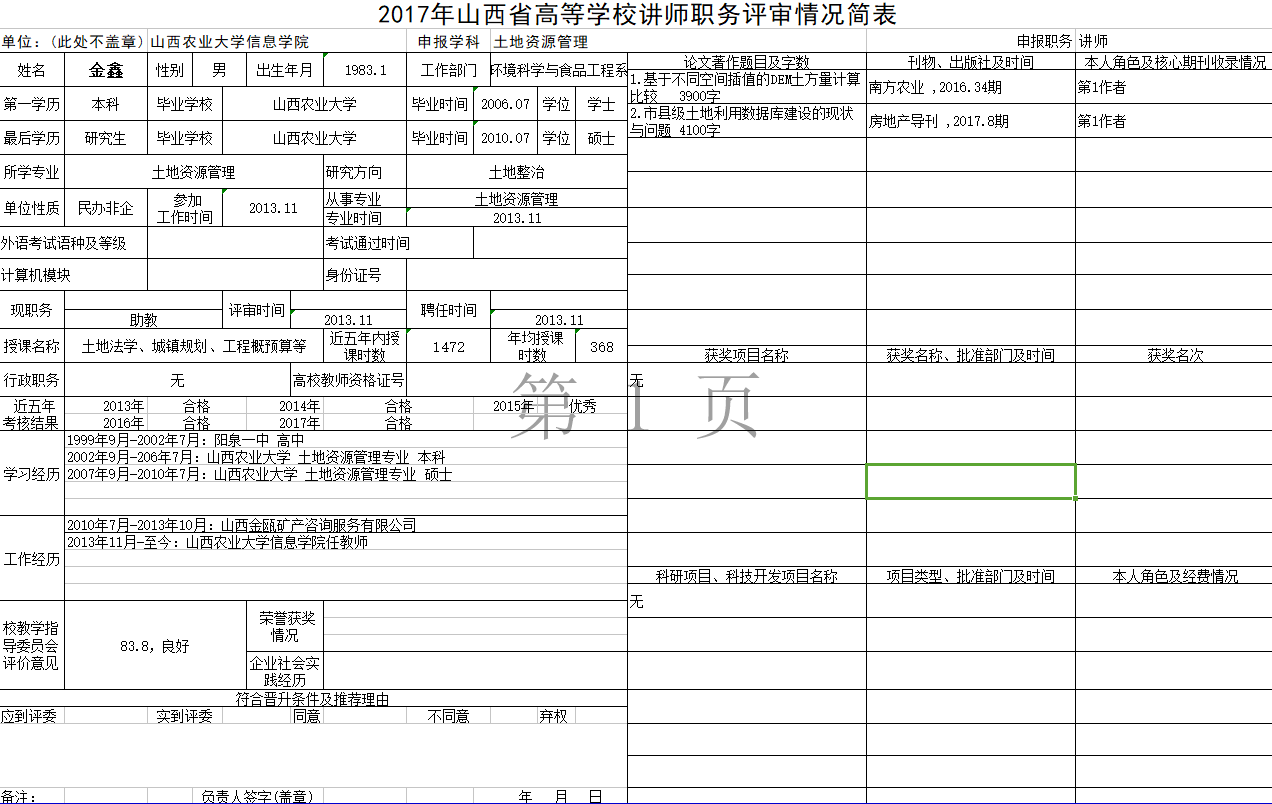 2017年申报讲师职称人员材料清单公示