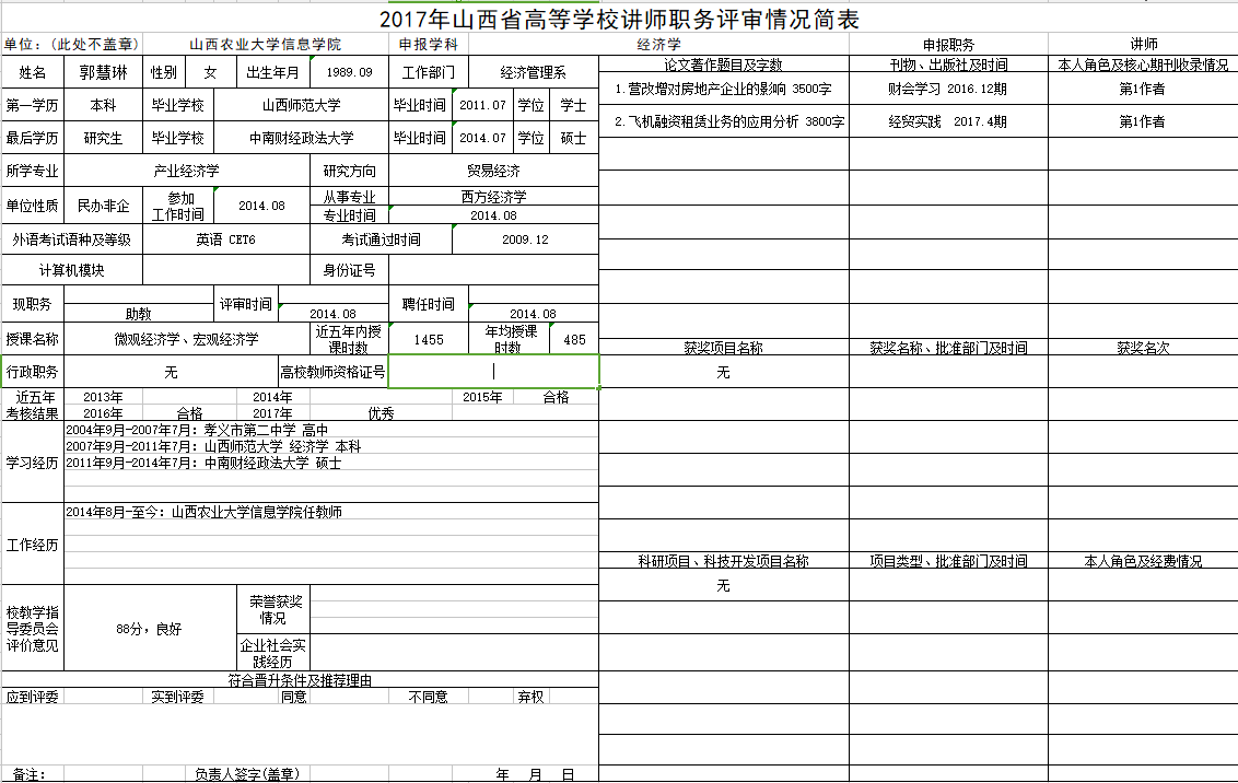 2017年申报讲师职称人员材料清单公示