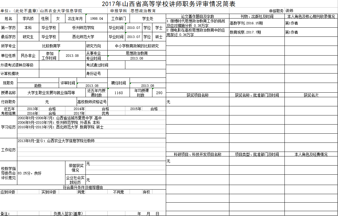 2017年申报讲师职称人员材料清单公示