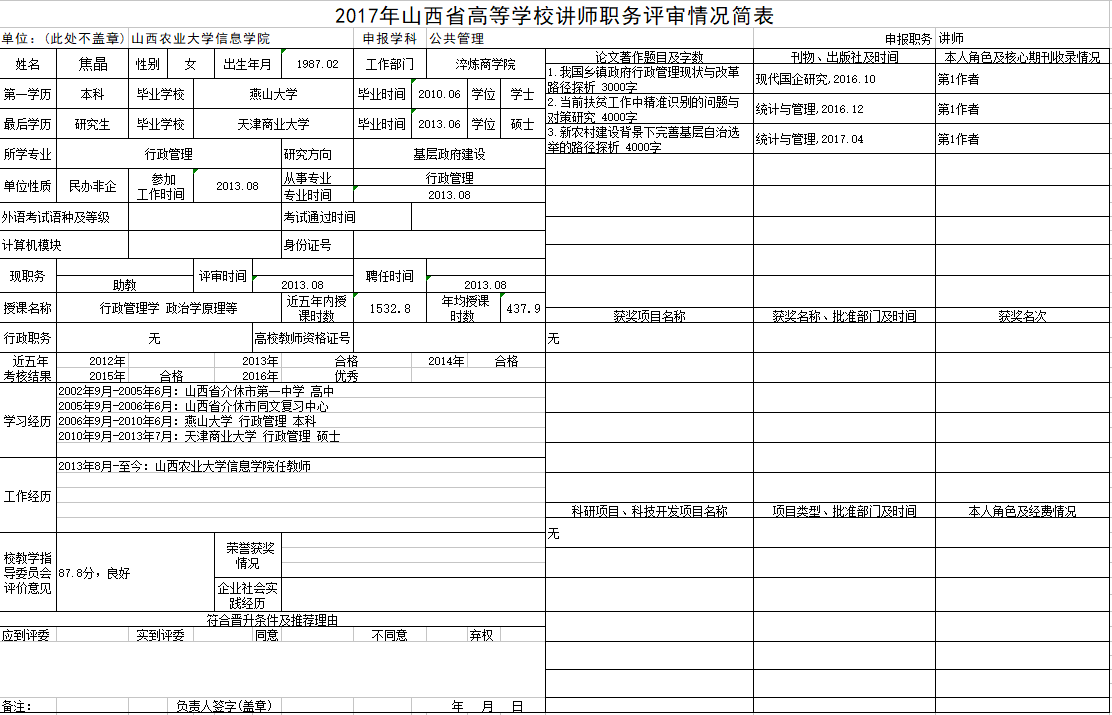 2017年申报讲师职称人员材料清单公示