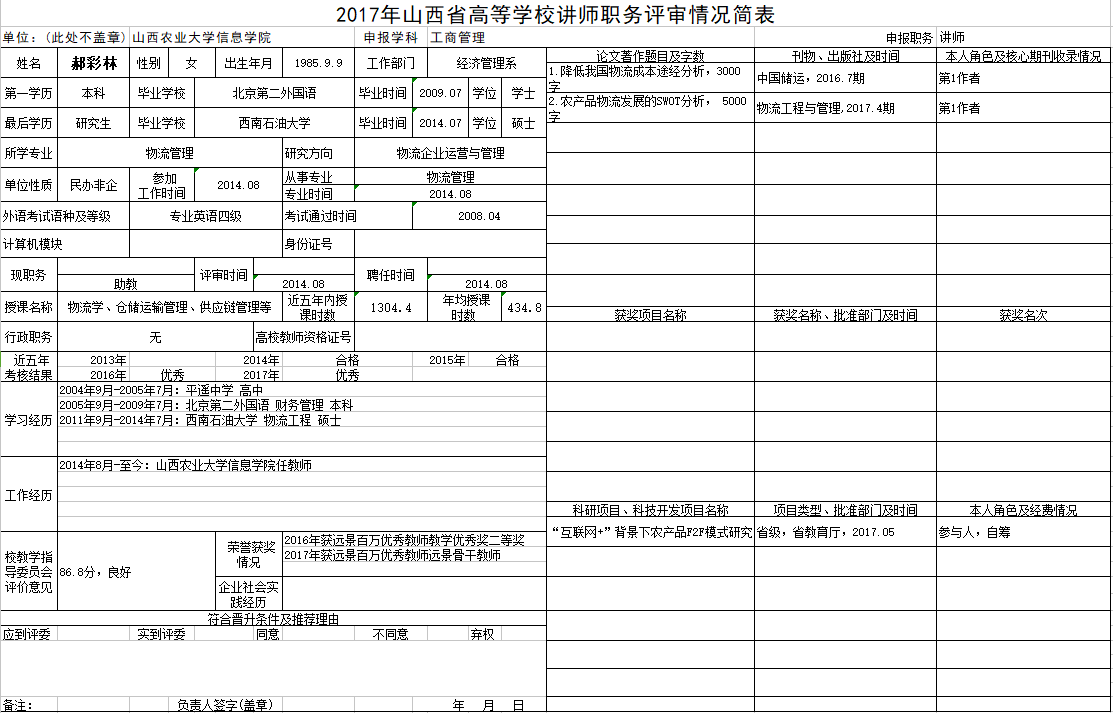 2017年申报讲师职称人员材料清单公示