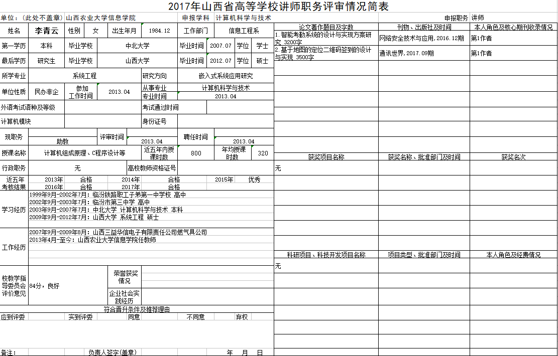 2017年申报讲师职称人员材料清单公示